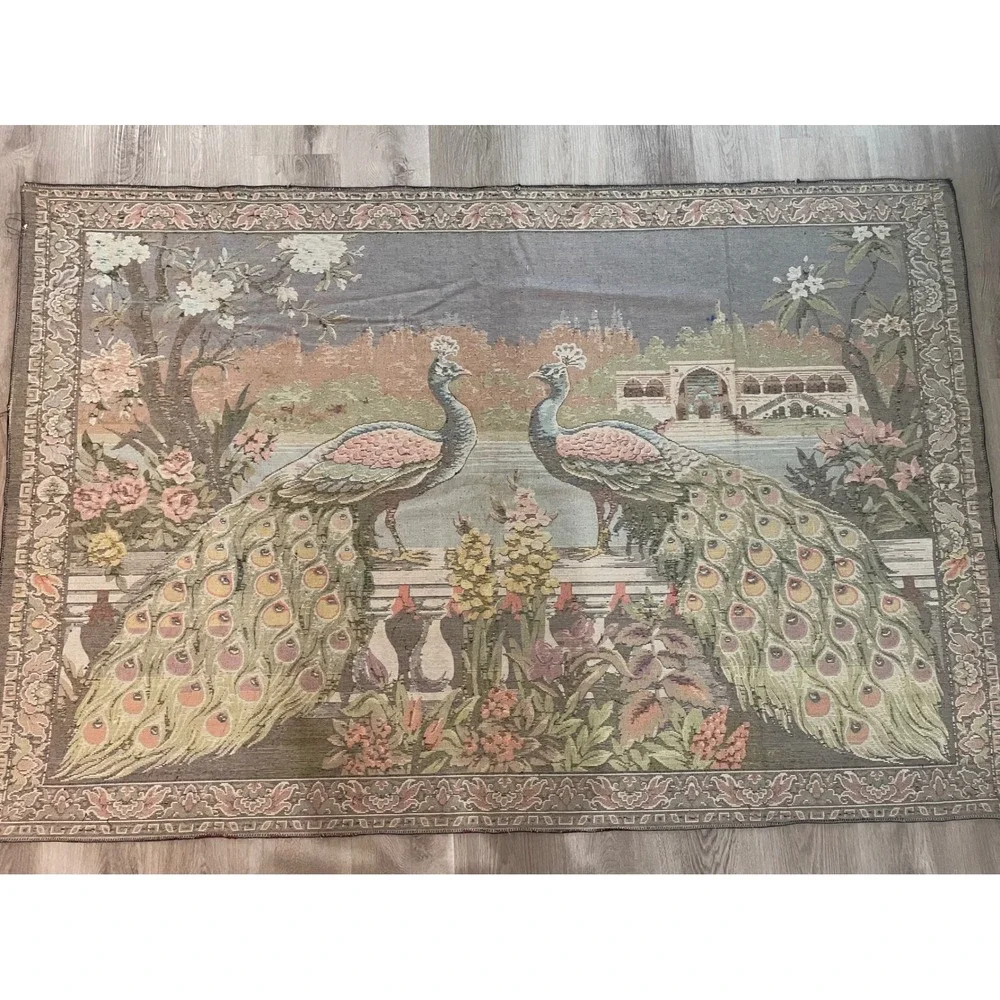 Vintage Turkish Velvet Peacock Tapestry Rug 1970s Wall Hanging 75x49 Boho Decor